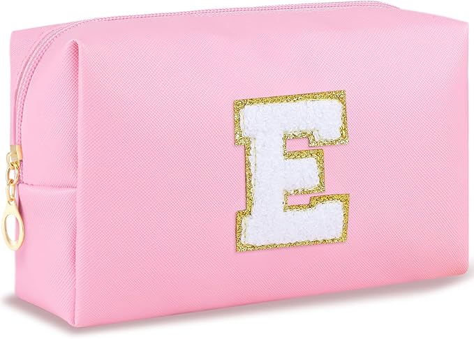 Initial Makeup Bag for Women Travel Small Cosmetic Bag Cute Pink Personalized Preppy Makeup Pouch for Purse Zippered Toiletry Organizer PU Leather Makeup Bag Makeup Case for Christmas（E）