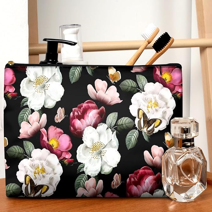 Cute Makeup Bag for Purse Waterproof Cosmetic Bags for Women Funny Smooth Zipper Travel Toiletry Pouch 10X8 Inches-Black Floral Makeup pouch