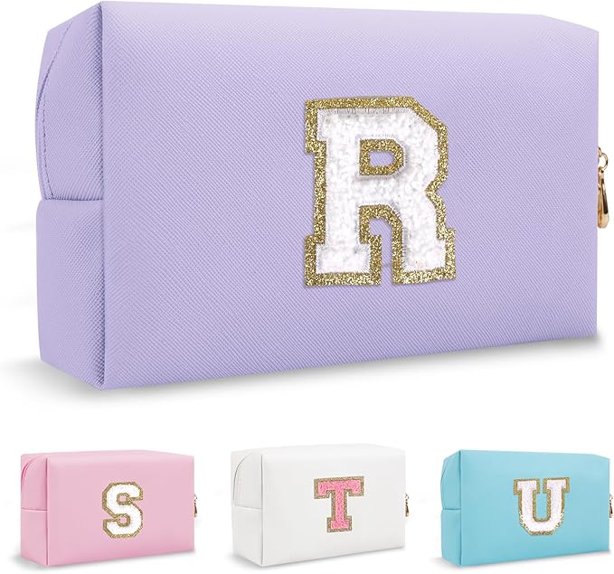 Small Travel Initial Preppy Makeup Bag, Personalized Purple Cute Chenille Letter Cosmetic Organizer Travel Toiltery Zipper Pouch Purse, Monogram Makeup Storage Gift for Friend Birthday Women(Letter R)