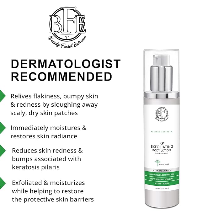 Keratosis Pilaris Exfoliating Body Lotion– 12% Lactic Acid. Provides Immediate Moisture & Gentle Exfoliation to Treat symptoms Associated with Keratosis Pilaris (KP) & Dry, Bumpy Skin Conditions.
