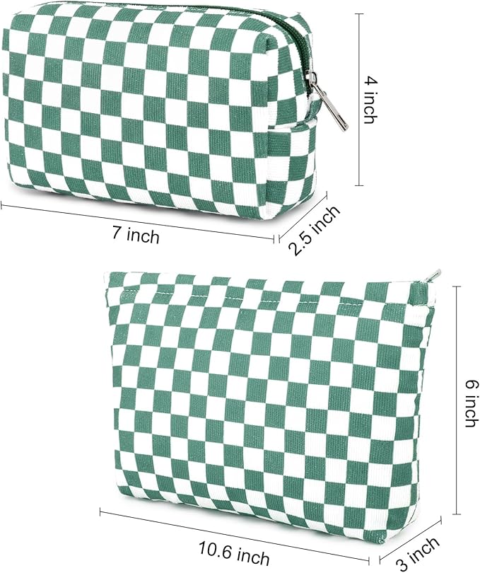SOIDRAM 2 Pcs Checkered Makeup Bag Large Cosmetic Bag Toiletry Bag Makeup Pouch Travel Bag Organizer Cute Makeup Brushes Aesthetic Accessories Storage Bag for Women Olive Green