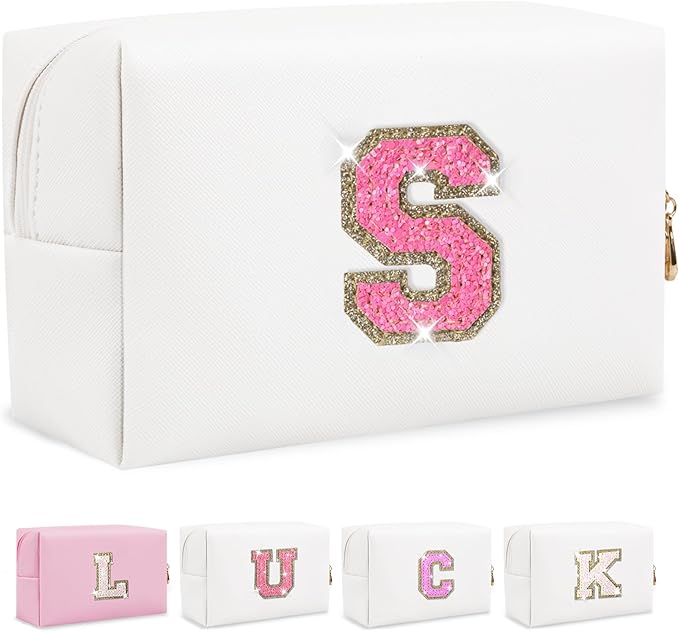 Personalized Initial Letter Makeup Bag, Small Glitter Letter Patch Cosmetic Pouch Zipper, Preppy Makeup Organizer PU Waterproof Travel Toiletry Bag,Monogrammed Birthday Gift for Women Girls(Letter S)
