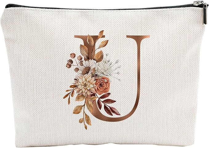 A-Z Boho Personalized Cosmetic Bag-Floral Cotton Letter Makeup Bag With Zipper-Artistic Cosmetic Bag For Travel-Bride,Birthday Gift For Women Daughter Friends-Women Makeup Organizer-A21