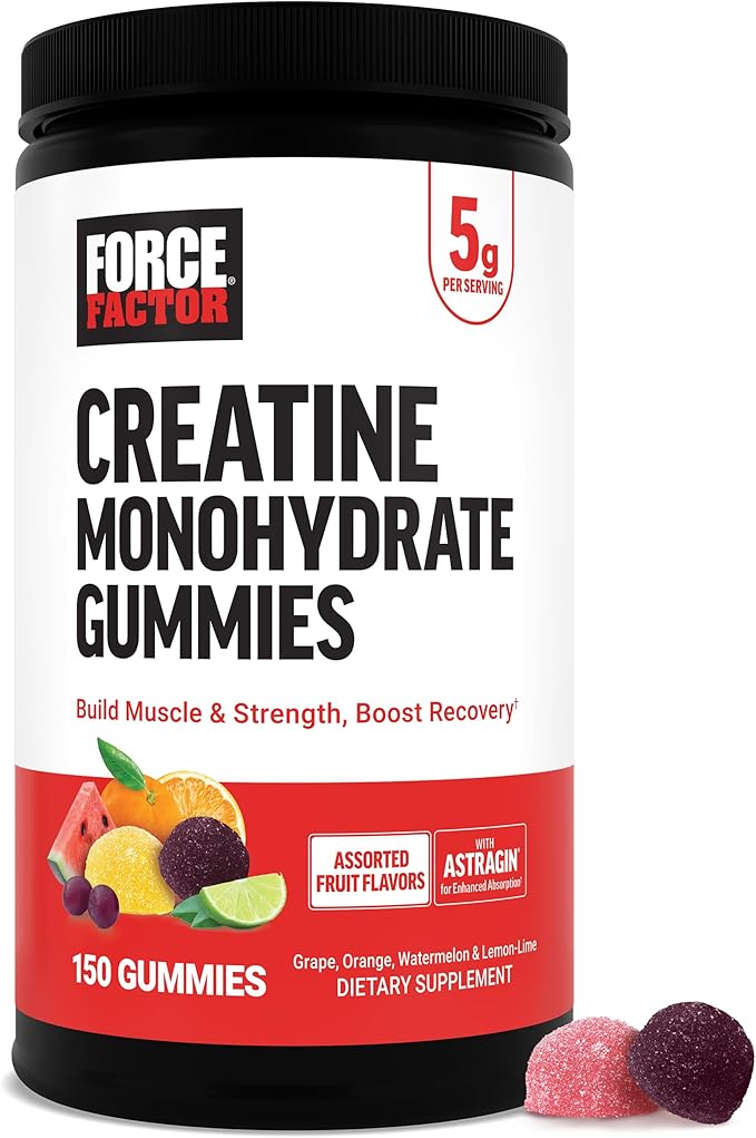 Force Factor Creatine Monohydrate Gummies, 5g Dose for Men & Women to Support Muscle, Strength, Recovery, Cognitive Health & Memory, Assorted Fruit Flavors, 150 Gummies