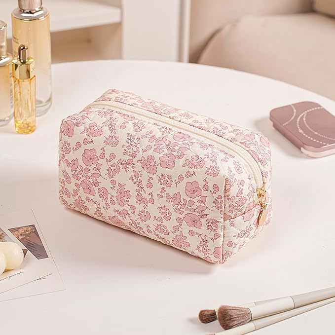 Cute Square Floral Cotton Makeup Cosmetic Bag for Women Girls, Travel Quilted Zipper Make Up Bag, Square Flowers Organizer Case Kawaii Makeup Cosmetic Travel Cloth Pouch (Pink Floral)