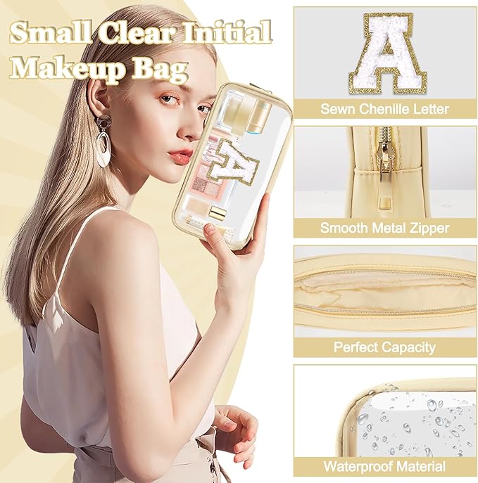 Small Clear Personalized Initial Makeup Bag,Nylon Preppy A-Z Chenille Letter Patch Cosmetic Pouch Beach Toiletry Bag,Waterproof Zipper Travel Purse Storage Bag Organizer for Women Girls(Beige-White A)