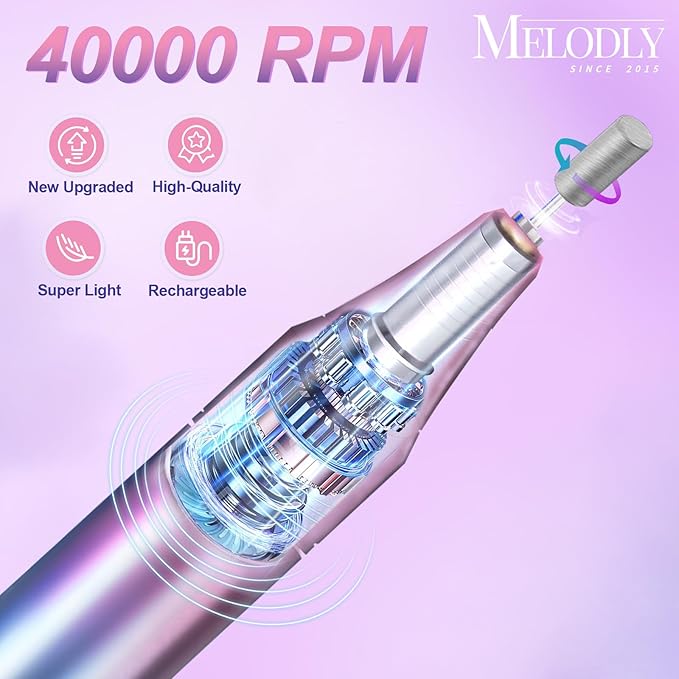 Electric Nail Drill File Professional 40000 RPM, Melodly Rechargeable Electric Nail File Machine Kit for Acrylic Gel Nails Polishing Removing, Portable Cordless Efile with Gold Bits Kit at Salon Home