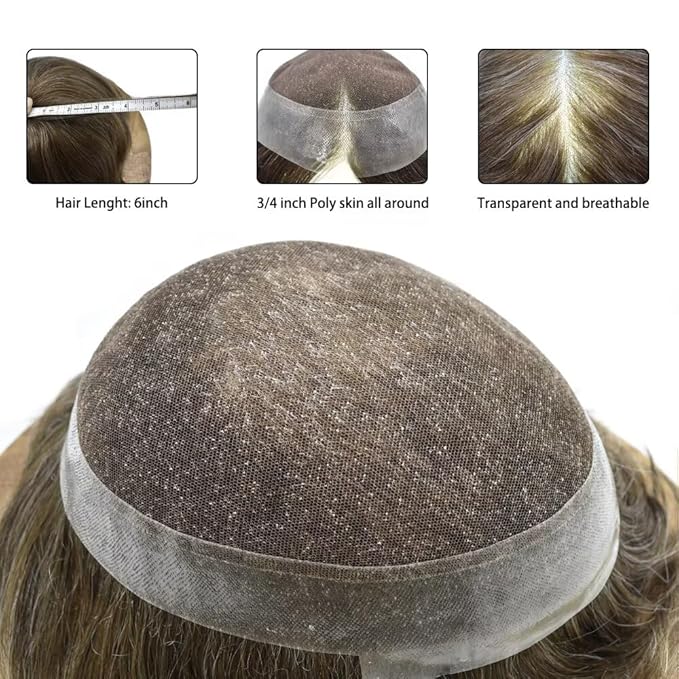 FACE MIRACLE French Lace Mens Toupee Human Hair System Lace Center Toupee for Men Thin Skin PU Around Hair Replacement System V-Looped Mens Hair Wig 6"X8" #520 5# MEDIUM LIGHT BROWN WITH 20% GREY