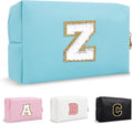 Small Initial Preppy Makeup Bag, Personalized Cute Blue Cosmetic Organizer Chenille Letter Travel Toiletry Zipper Pouch for Purse, Waterproof PU Make Up Case Birthday Gifts for Women Friend(Letter Z)