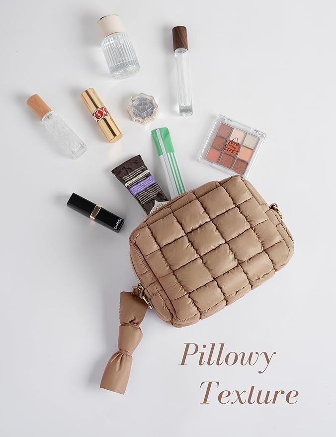 Yarnic Quilted Makeup Bag Puffy Cosmetic Bag, Travel Toiletry Bag for Women, Cute Makeup Bag Organizer Puffer Makeup Pouch (S, Caramel)