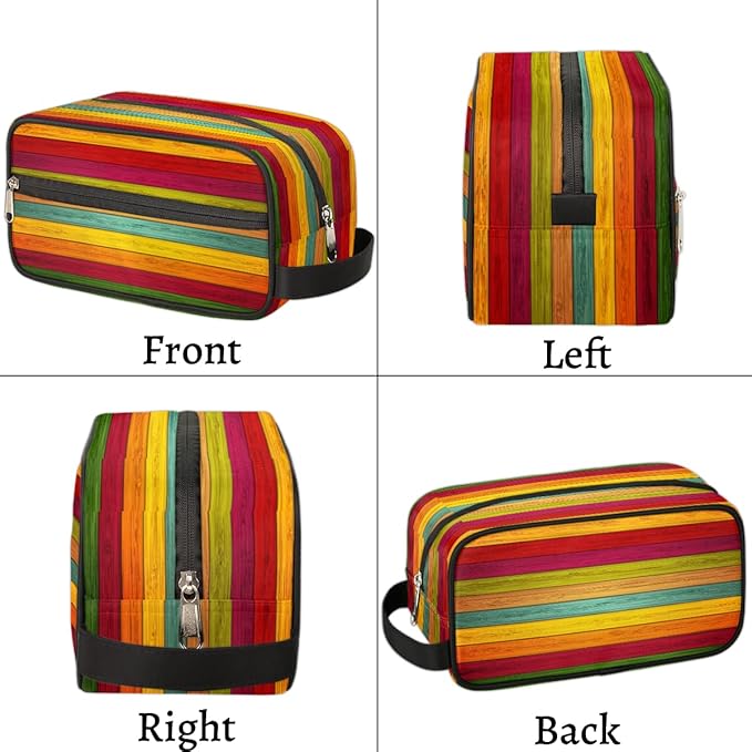 Rainbow Wood Texture Travel Toiletry Bag for Women Men Lightweight Cosmetic Makeup Bag Organizer Waterproof Shaving Bag Dopp Kit with Large Capacity for Toiletries and Shaving Accessories