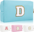 Iqimott Personalized Initial Letter Patch Makeup Bag Preppy Portable Chenille Letter Cosmetic Bag Zipper PU Leather Waterproof Travel Toiletry Bag Monogram Make Up Pouch Women Girls(Letter D)