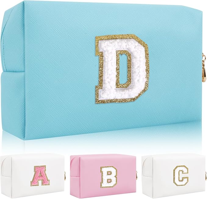 Iqimott Personalized Initial Letter Patch Makeup Bag Preppy Portable Chenille Letter Cosmetic Bag Zipper PU Leather Waterproof Travel Toiletry Bag Monogram Make Up Pouch Women Girls(Letter D)