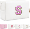 Personalized Initial Letter Makeup Bag, Small Glitter Letter Patch Cosmetic Pouch Zipper, Preppy Makeup Organizer PU Waterproof Travel Toiletry Bag, Monogrammed Birthday Gift for Women Girls