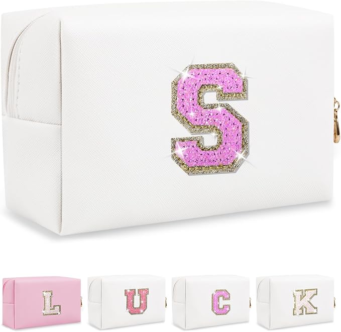 Personalized Initial Letter Makeup Bag, Small Glitter Letter Patch Cosmetic Pouch Zipper, Preppy Makeup Organizer PU Waterproof Travel Toiletry Bag, Monogrammed Birthday Gift for Women Girls