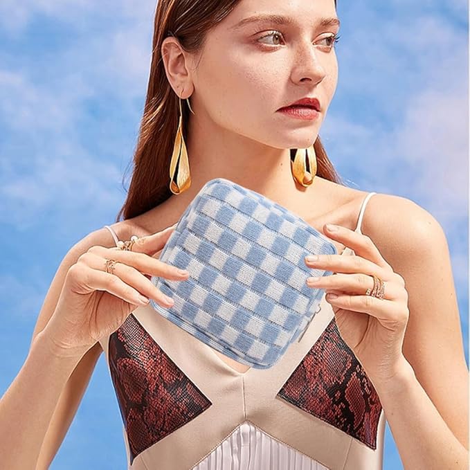 Small Blue Makeup Bag for Purse, Mini Checkered Cosmetic Bag Zipper Cute Make Up Pouch Travel Toiletry Case Quilted Aesthetic Accessories Makeup Storage Bag Organizer for Women Girls