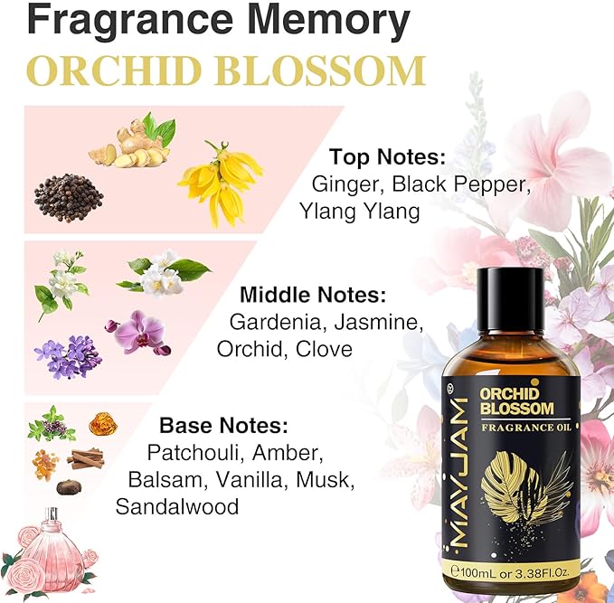 Orchid Blossom Fragrance Oil Essential Oil, MAYJAM 3.38FL.OZ Orchid Blossom Oil for Diffusers for Home, Long Lasting Scented Oils for Soap Candle Making - 100ML
