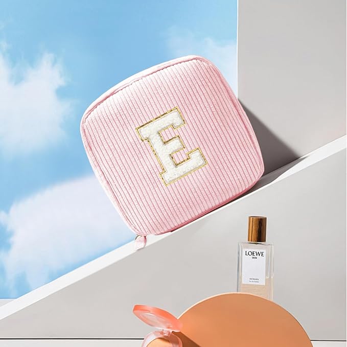 LETGO Birthday Gifts for Women Small Personalized Initial Monogram Makeup Bag,Preppy Corduroy Makeup Bags Travel Toiletry Bag Cute Pouch Purse for Her Mom Girlfriend Wife Sister Teacher Bridesmaid