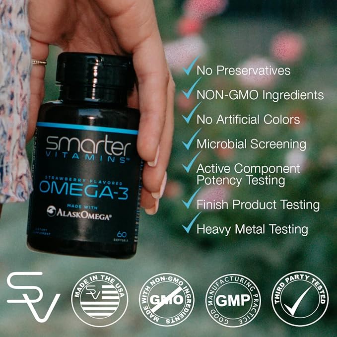 SmarterVitamins Omega 3 Fish Oil, Strawberry Flavor, Burpless, Tasteless, 2000mg, DHA EPA Triple Strength, Made with AlaskOmega®
