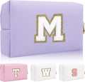 Personalized Initial Letter Patch Makeup Bag, Preppy Small Chenille Cosmetic Bag with Zipper, PU Leather Waterproof Travel Toiletry Bag Monogram Make Up Pouch for Women Girls