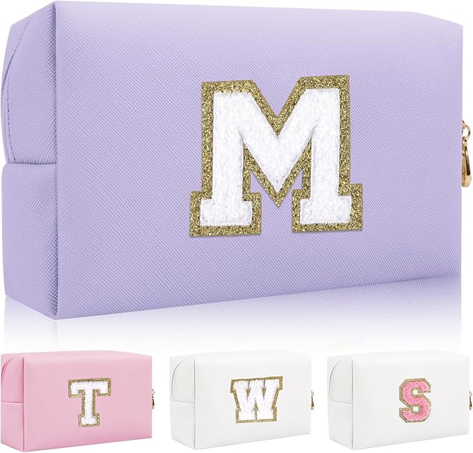 Personalized Initial Letter Patch Makeup Bag, Preppy Small Chenille Cosmetic Bag with Zipper, PU Leather Waterproof Travel Toiletry Bag Monogram Make Up Pouch for Women Girls