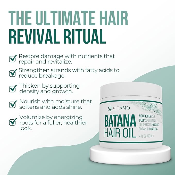Vitamo 100% Organic Batana Natural Hair Growth Oil | Pure Elaeis Oleifera | Cold Pressed for Maximum Potency | Dr. Sebi Inspired Scalp & Hair Shine Treatment for Men and Women | No Burnt Smell