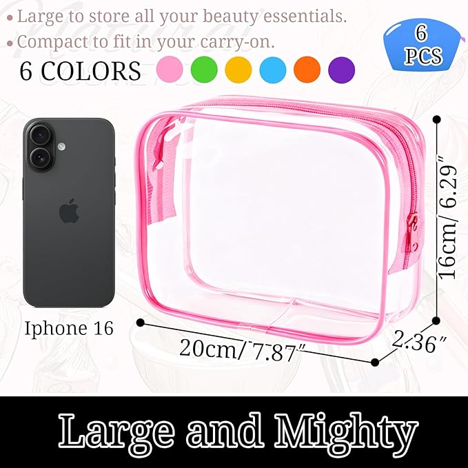 6 Pieces Clear Makeup Bags Bulk, TSA Approved Toiletry Bag PVC Clear Cosmetic Toiletries Pouch with Zipper, Waterproof Vinyl Plastic Organizer Case for for Women Carry-on Travel Essentials
