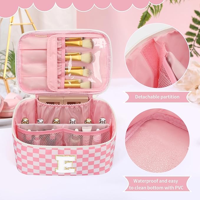 OCHEAL Makeup Bag for Women, Monogram Cosmetic Bag with Brush Holder, Pink Travel Makeup Case Beauty Toiletry Bag Organizer Personalized Gifts for Girls Bridesmaid, Sister, Wife, Friends Initial E