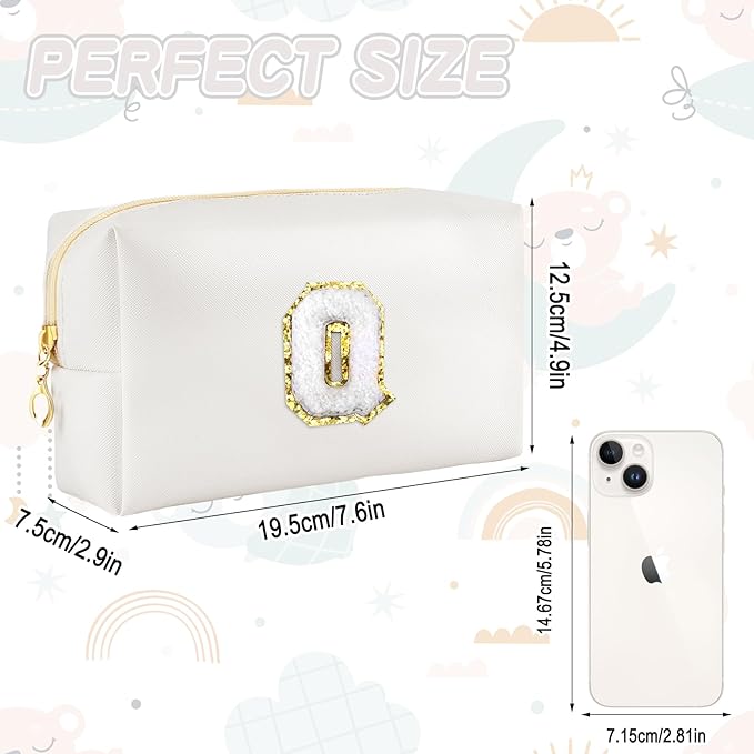 Gifts for Girls Initial Makeup Bag Personalized Cosmetic Bag with Zipper Cute Travel Toiletry Bags Waterproof PU Preppy Makeup Pouch Birthday Gift for Teen Girls Women(White Q)