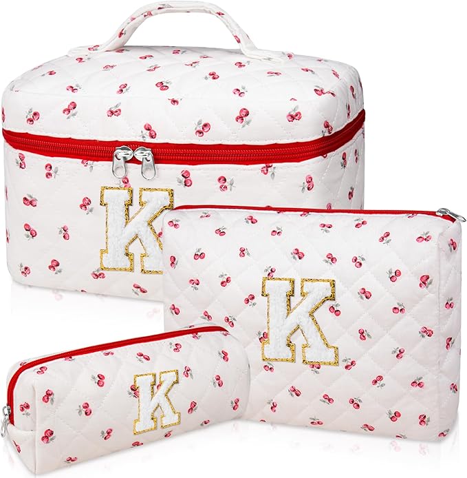 Initial Makeup Bag Set, Personalized Quilted Makeup Bag, Large Floral Cosmetic Bag for Women, Cute Cotton Custom Make up Bags, Flower Travel Toiletry Bag Teen Girl Gift Trendy Stuff Gift Red Cherry K