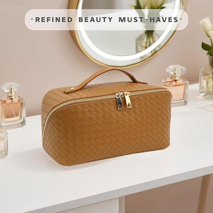 Travel Makeup Bag – Large Cosmetic Organizer with Waterproof PU Leather, Smooth Double Zipper & Tear-Resistant Lining, Toiletry Pouch for Women (Caramel)