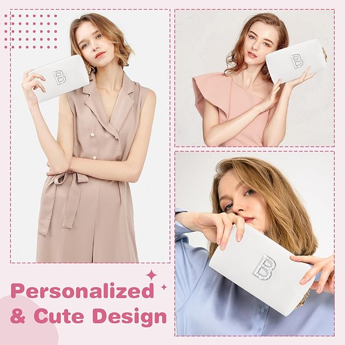 Bride Gifts – Personalized Initial Makeup Bag with Pearl Rhinestone Patch, Preppy White Monogram Cosmetic/Toiletry Pouch, bridesmaid Gifts, Bridal Shower Gifts, Wedding Gifts, Bridal Gifts,B