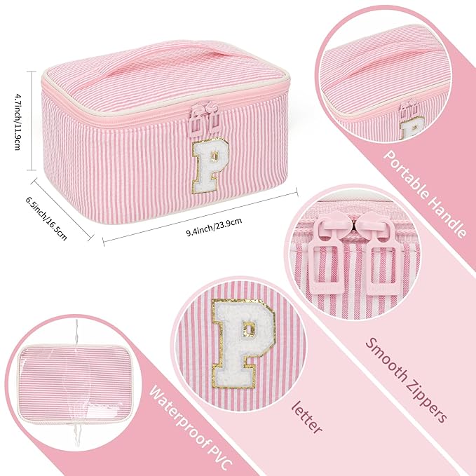 OCHEAL Makeup Bag for Women, Monogram Cosmetic Bag with Brush Holder, Pink Travel Makeup Case Beauty Toiletry Bag Organizer Personalized Gifts for Girls Bridesmaid, Sister, Wife, Friends Initial P