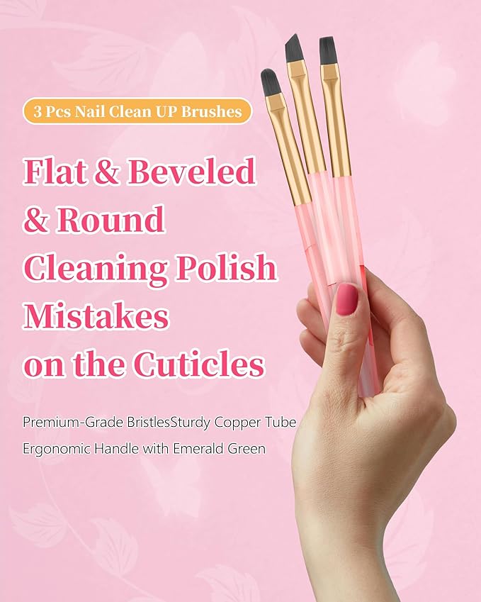 3PCS Nail Polish Clean Up Brush, Round&Falt&Angled Acetone Resistant Nail Brush for OPI Nail Polish Remover, Fingernail Cleaning Brushes at Home Nail Art and Designs(Emerald Pink)