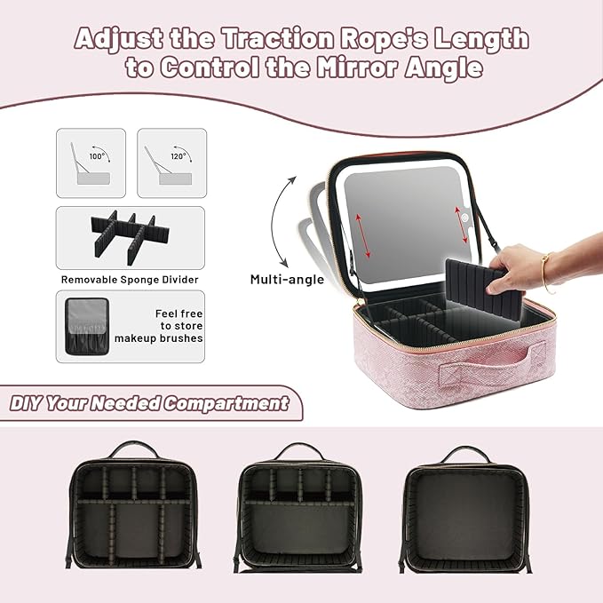 Portable Travel Cosmetic Bag with LED, 3-color Adjustable Cosmetic Organizer, Women's Cosmetic Case, Mirror Makeup Bag Case Rechargeable (Pink)