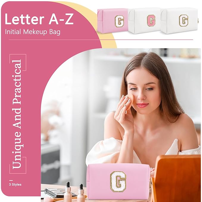 Personalized Initial A-Z Preppy Patch Makeup Bag,Small PU Chenille Letter Cosmetic Bag with Zipper for Teen Girls,Pink Cute Toiletry Organizer Bag,Monogram Makeup Case Gift for Women Girls,Letter G