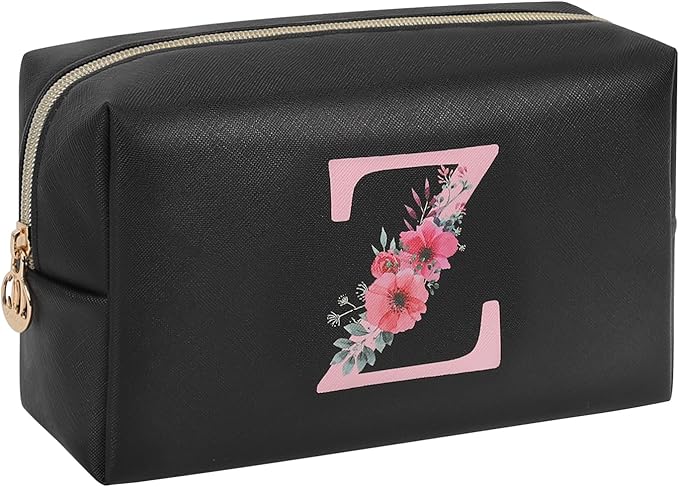 Personalized Initial Makeup Bag, Birthday Gifts for Women and Girls, Small Makeup Pouch Travel Toiletry Bag, Make Up Organizer Bag Gift Trendy Stuff for Friend Mom Teacher, Black