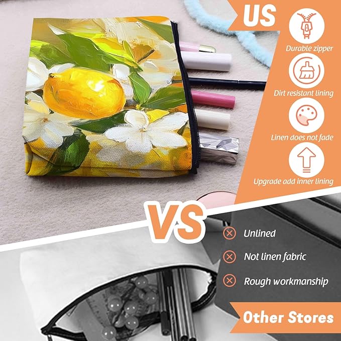 Cosmetic Bags Travel Makeup Toilet Case Waterproof Pouch for Women Girls 6.7X9.45inches - Oil Painting of Lemons And White Flowers