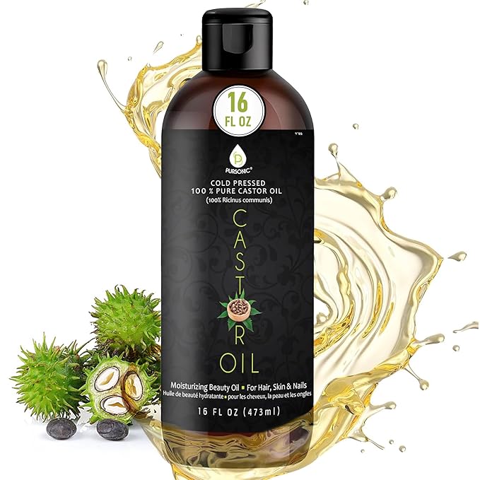 Pursonic Castor Oil (16oz) Cold-Pressed, 100% Pure, Hexane-Free Castor Oil-Moisturizing & Healing, For Dry Skin, Hair Growth - For Skin, Hair Care, Eyelashes