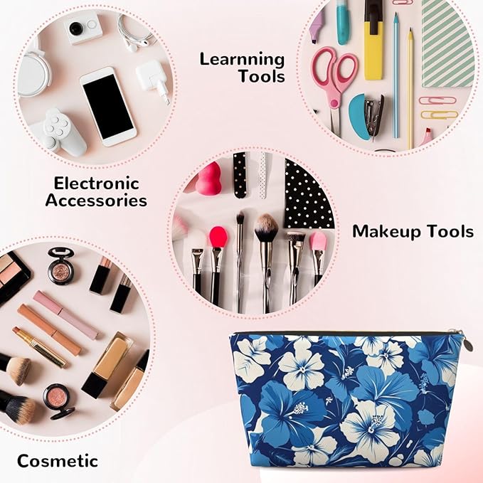 Womens Leather Makeup Bag Cosmetic Bag Travel Toiletry Bags Make Up Bags for Women Adult (Blue Hibiscus 3)