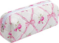 Cute Floral Cotton Makeup Brush Cosmetic Bag for Women, Travel Quilted Zipper Make Up Bag, Flowers Toiletry Organizer Case Kawaii Makeup Cosmetic Travel Cloth Pouch (Pink Bowknot)