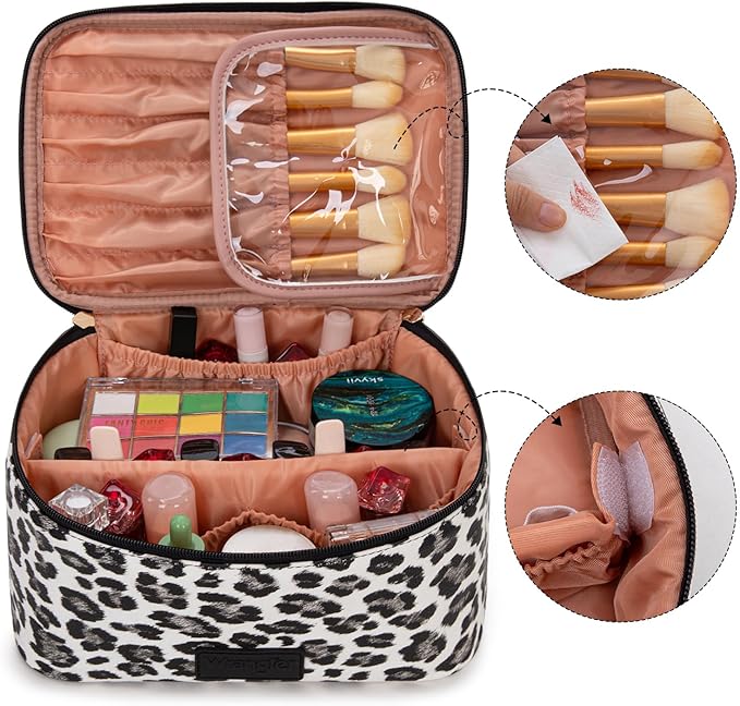 Montana West X Wrangler Travel Makeup Bag 2pcs Set Large Cosmetic Bag with Makeup Brush Holder Portable Make Up Organizer Cute Toiletry Bag with Divider and Handle for Women Leopard