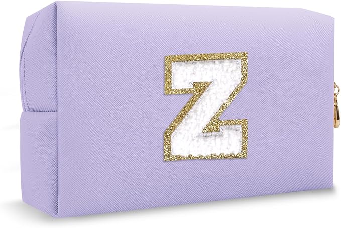 Small Initial Preppy Makeup Bag, Personalized Cute Purple Cosmetic Organizer Chenille Letter Travel Toiletry Zipper Pouch for Purse, Waterproof PU Makeup Case Birthday Gifts for Women Friend(Letter Z)