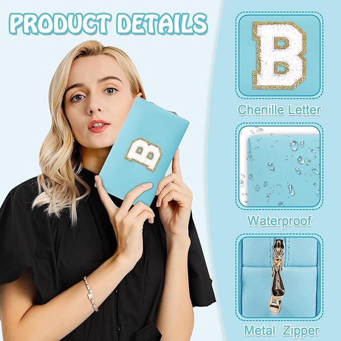Small Initial Preppy Makeup Bag Organizer, Blue Cute Chenille Letter Make Up Cosmetic Zipper Pouch Toiletry Bags for Traveling, Waterproof PU Makeup Case Personalized Gifts for Bachelorette(Letter B)