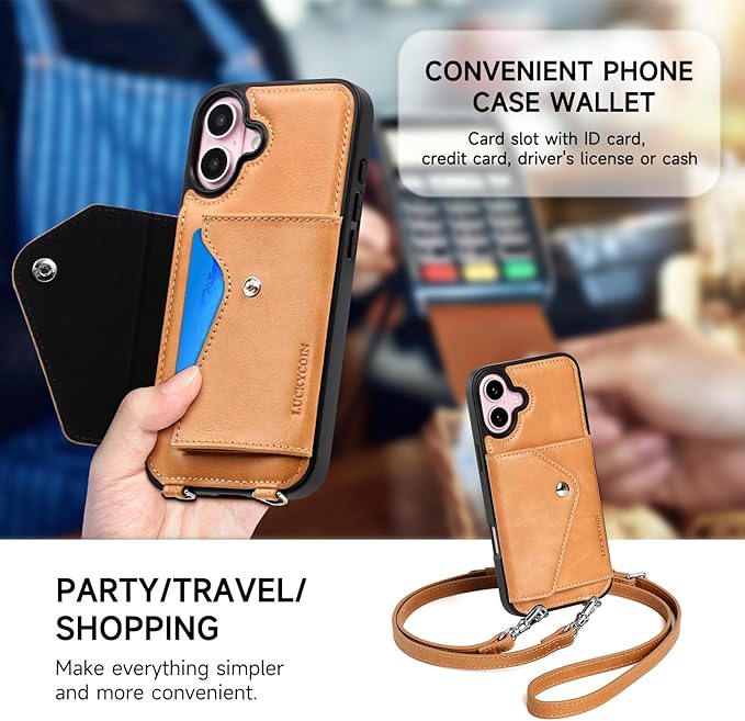 LUCKYCOIN Crossbody Wallet Phone Case for iPhone 16 Plus,100% Genuine Leather Wallet Phone Case with Expandable Flip Card Holder,Phone Purse for Women with Adjustable Removable Strap - Brown