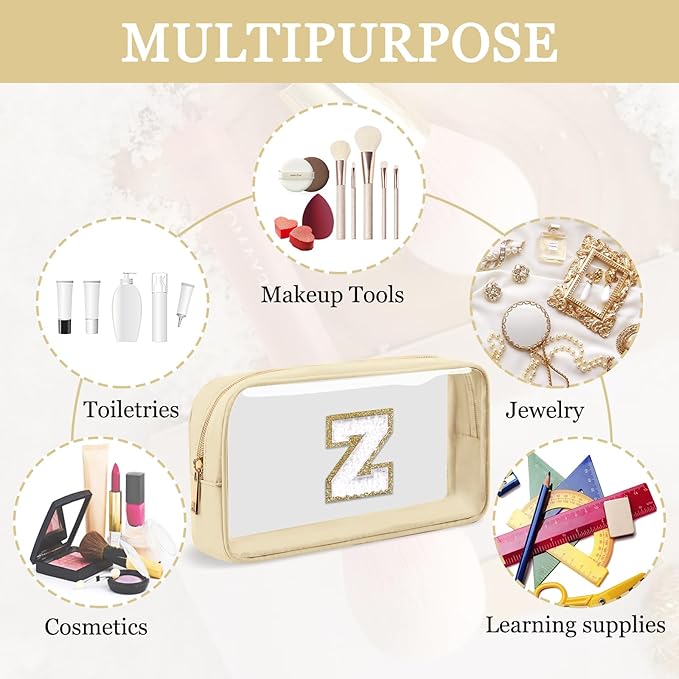Small Clear Personalized Initial Makeup Bag, Preppy A-Z Chenille Letter Patch Cosmetic Bag, Cute Transparent Nylon Waterproof Zipper Beach Varsity Letter Pouch, Gift for Women Girls(Beige-White Z)