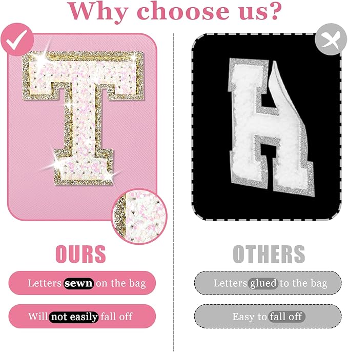 Personalized Initial Letter Makeup Bag, Small Preppy Glitter Letters Cosmetic Pouch PU Waterproof Zipper Travel Toiletry Bag, Unique Letters Patch Makeup Organizer Gift for Women Teen Girls(Letter T)