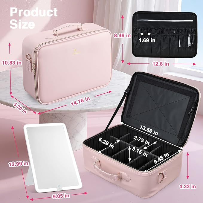 Large Makeup Bag with LED Mirror,Travel Cosmetic Train Case for Makeup Artists,Makeup Organizer Case with Divider Rechargeable Vanity Mirror with 3 Color Lights for Barber,MUA,Nail Tech, Pink