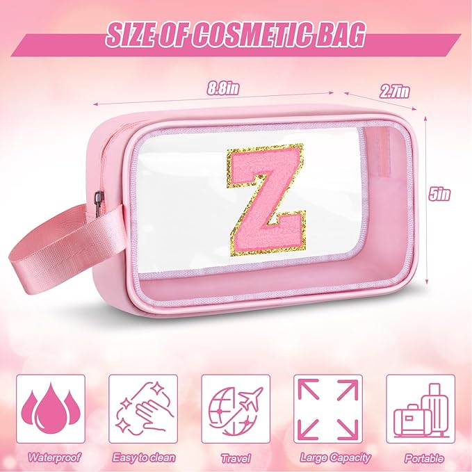 Initial Makeup Bag,Letter Z Cute Clear Monogrammed Cosmetic Travel Bag for Womens Girls,Personalized Pink Aesthetic Traveling Make Up Organizer Bag for Beach,Waterproof Toiletry Bag