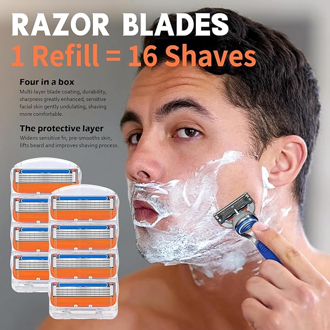 16 PCS Razor Blade Shaving Razor Blade Refills for Fusion 5, a More Comfortable Shave for Men, Orange New Version